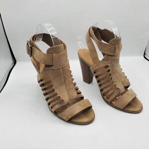 TAN CAGE SIDE BUCKLE HEELED SANDALS